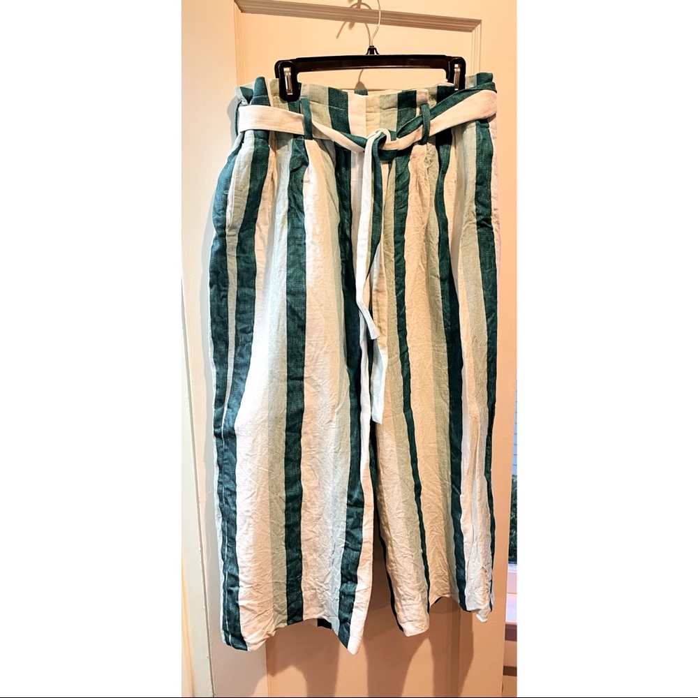 J. Crew Teal, White & Peacock Linen Wide Leg Pants - 14